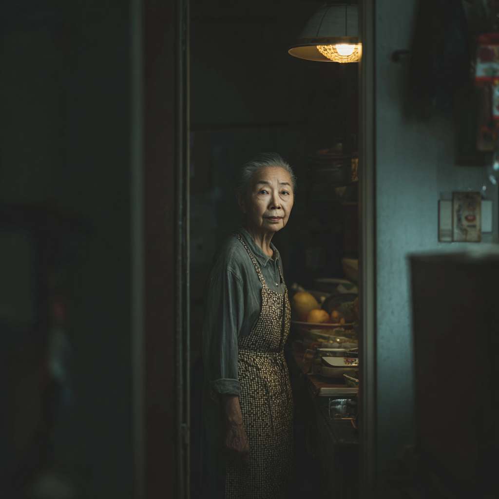 奶奶系着围裙从屋里走出 --ar 1:1 --v 7 --stylize 100 --fast --no 水印