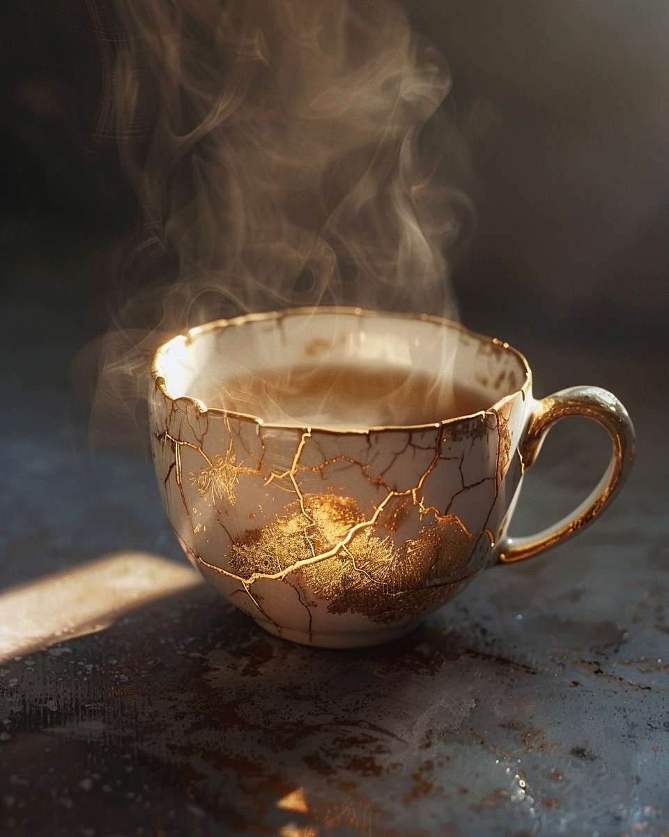 A cracked teacup perfectly holding steaming tea, golden light radiating from cracks, no text, wabi-sabi aesthetic --ar 4:5 --v 6 --stylize 100 --fast