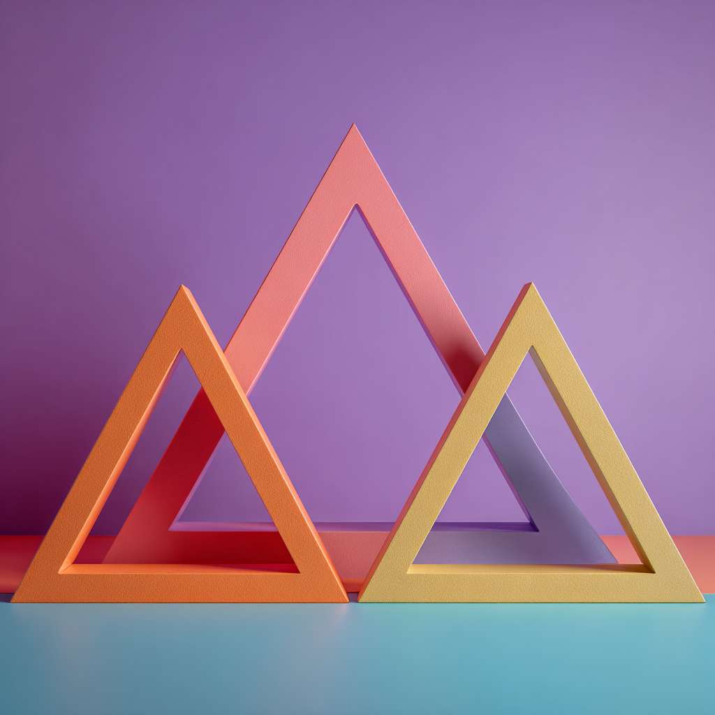 只需要简单的线段，不需要真实的物体，两个独立等腰三角形两个角挨着，在下面，一个等腰三角形左边的角挨着下面左边的三角形的顶点，右边的角挨着下面右边的三角形的顶点在上面，组成一个新的等腰三角形 --ar 1:1 --v 7 --stylize 100 --fast --no 水印