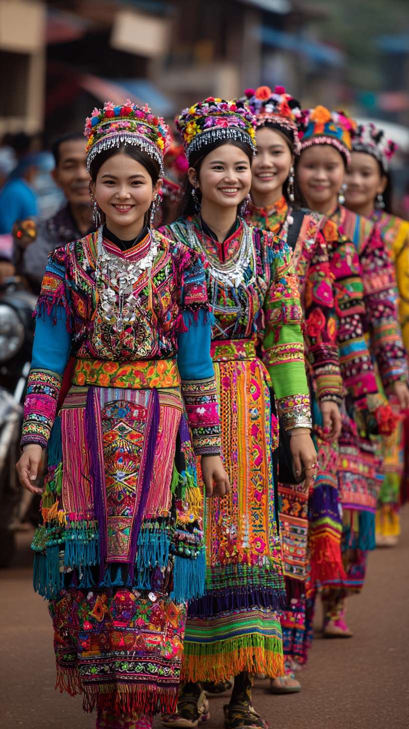 夏天西双版纳傣族少女成群结队在街上穿着民族傣家服饰，旁边有人骑着大象 --ar 9:16 --v 7 --stylize 100 --fast --no 水印