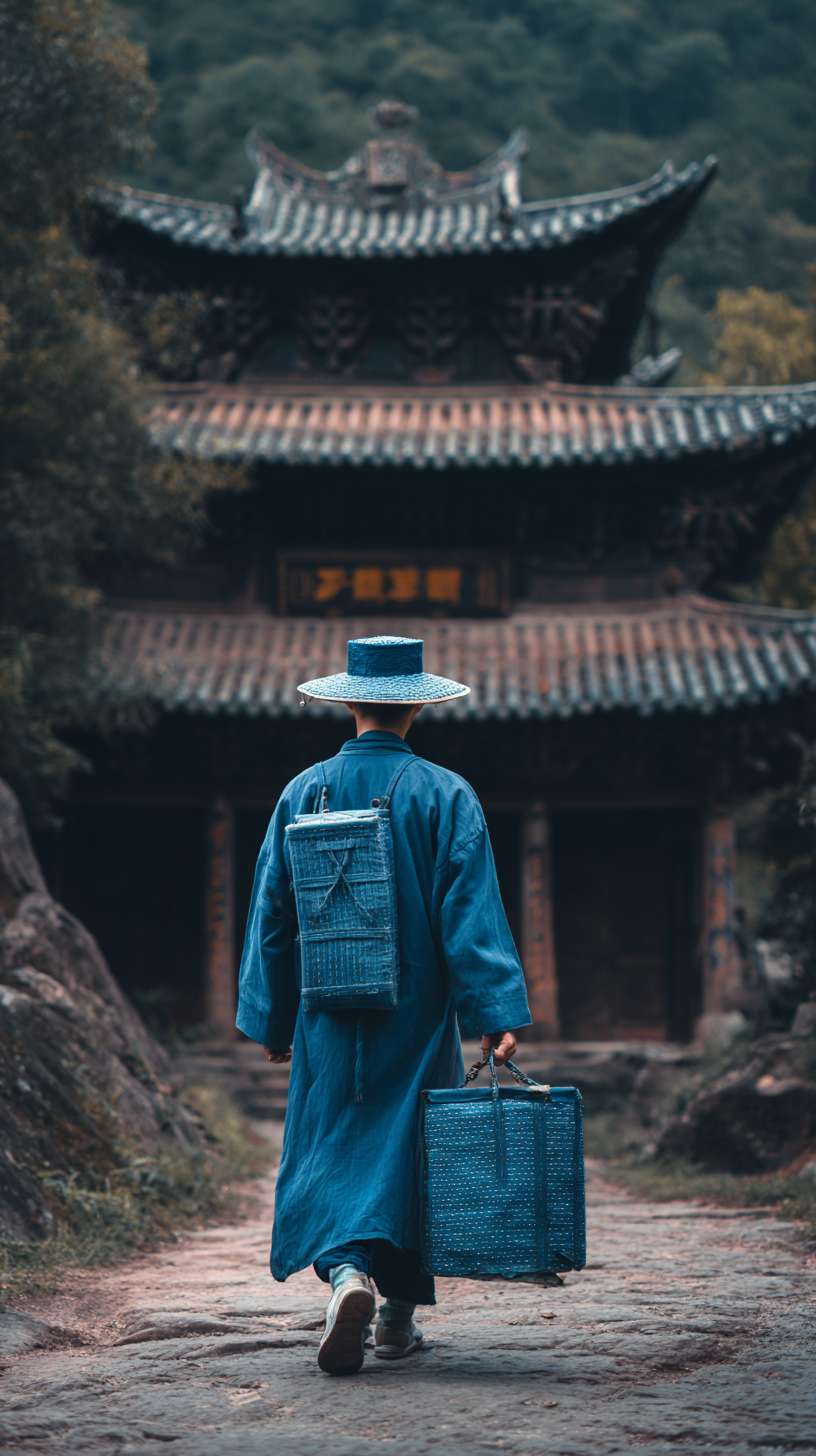 在深山里面，月光照亮着地面，一个身着靛蓝色书生服的英俊男子，背着书箱，外面下着雨比较阴暗，前面有点远的地方是一座破败的寺庙矗立在荒山野岭中，背面远景镜头，写诗一些的风格 --ar 9:16 --v 7 --stylize 100 --fast --no 水印
