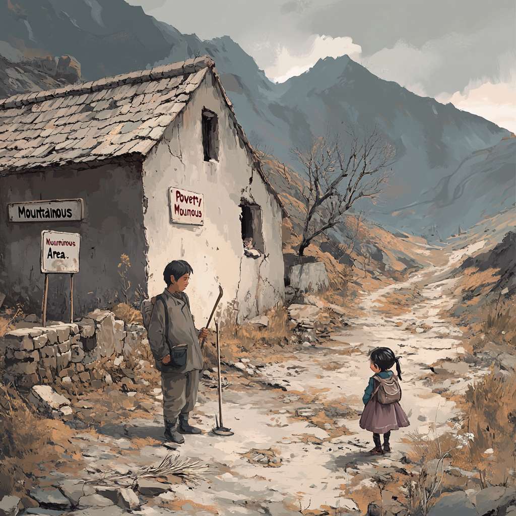 场景：一个偏远的小山村，房屋破旧，道路崎岖，周围是荒芜的山地。
角色：
一位中年农民，穿着破旧的衣服，面带愁容，手中拿着锄头，站在自家破旧的房屋前。
旁边有一个小女孩，穿着破旧的校服，背着书包，眼神中透露出对知识的渴望。
细节：
房屋墙壁有裂缝，屋顶有破洞。
山坡上有一些干枯的庄稼。
路边有一块牌子，上面写着“贫困山区”。
色彩：整体色调偏灰暗，突出贫困和压抑的氛围。 --ar 1:1 --v 6.1 --stylize 100 --fast