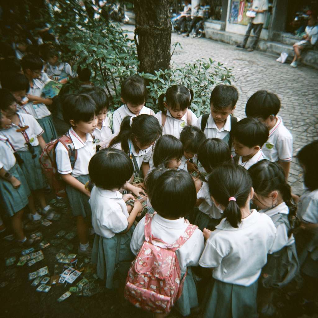 一班小六穿校服的學生們在校園裡圍成一個半圓形，以瀕危動物為主題，學生們一起遊玩瀕危動物圖案的卡牌遊戲 --ar 1:1 --v 7 --stylize 100 --fast --no 水印
