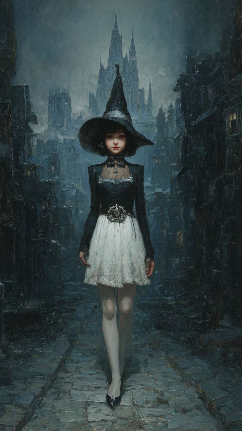 This painting features extremely subdued colors. It depicts a Caucasian girl dressed in a vintage wizard costume, with exquisite facial features, wearing a worn-out large wizard hat, snow-white skin, a tattered black camisole, protruding collarbone, long legs, worn-out white stockings, and black high heels. The overall style is dark fantasy, with a mysterious symbol on the belt. It is a night scene, with a Gothic castle and towering spire behind her, situated in a gloomy ancient city, standing in an ancient cobblestone alley filled with fog. The details are rich, the legs are long, wearing worn-out white stockings, the overall style is dark fantasy, and there is a mysterious symbol on the belt. It is a night scene, with a Gothic castle and towering spire behind her, situated in a gloomy ancient city, standing in an ancient cobblestone alley filled with fog. The details are rich --ar 9:16 --v 7 --stylize 100 --fast