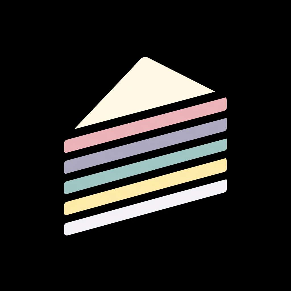 Flat design logo of a triangular slice of layered cake. Thick outline, simple geometric shapes. Color palette: black, white, and one pastel color for the cake. No gradient, no shadow. --ar 1:1 --v 7 --stylize 100 --fast
