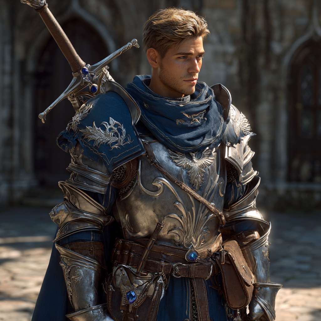 人物像素画。游戏立绘风格。
A young human knight standing confidently in a medieval courtyard at dawn, bronzed skin from years of training under the sun, deep brown short hair with sun-bleached tips, piercing blue-gray eyes, a subtle stubble along his jawline; wearing polished steel half-plate armor with silver accents and a carved silver sea-hawk family crest on the right chest plate, a flowing deep-blue cloak with silver embroidery of a sea-hawk on the shoulder, a large two-handed longsword strapped on his back—hilt wrapped in dark-blue leather with sapphire gems at the guard; a dark-brown leather belt holding a small medicinal pouch and rations pouch; cinematic lighting highlighting the gleam of his armor and the determined yet approachable expression on his face --ar 1:1 --v 7 --stylize 100 --fast --no 水印