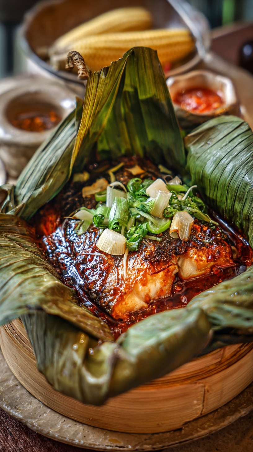 芭蕉叶烤鱼，打开热气腾腾的芭蕉叶，看见一条包裹着作料的鱼冒着热气，滋啦滋啦的声音下，看到若隐若现的雪白的鱼肉，看上去就非常有食欲，旁边还摆放着版纳特制口味的蘸料，隔着屏幕都溢出了鱼肉鲜甜 --ar 9:16 --v 7 --stylize 100 --fast --no 水印