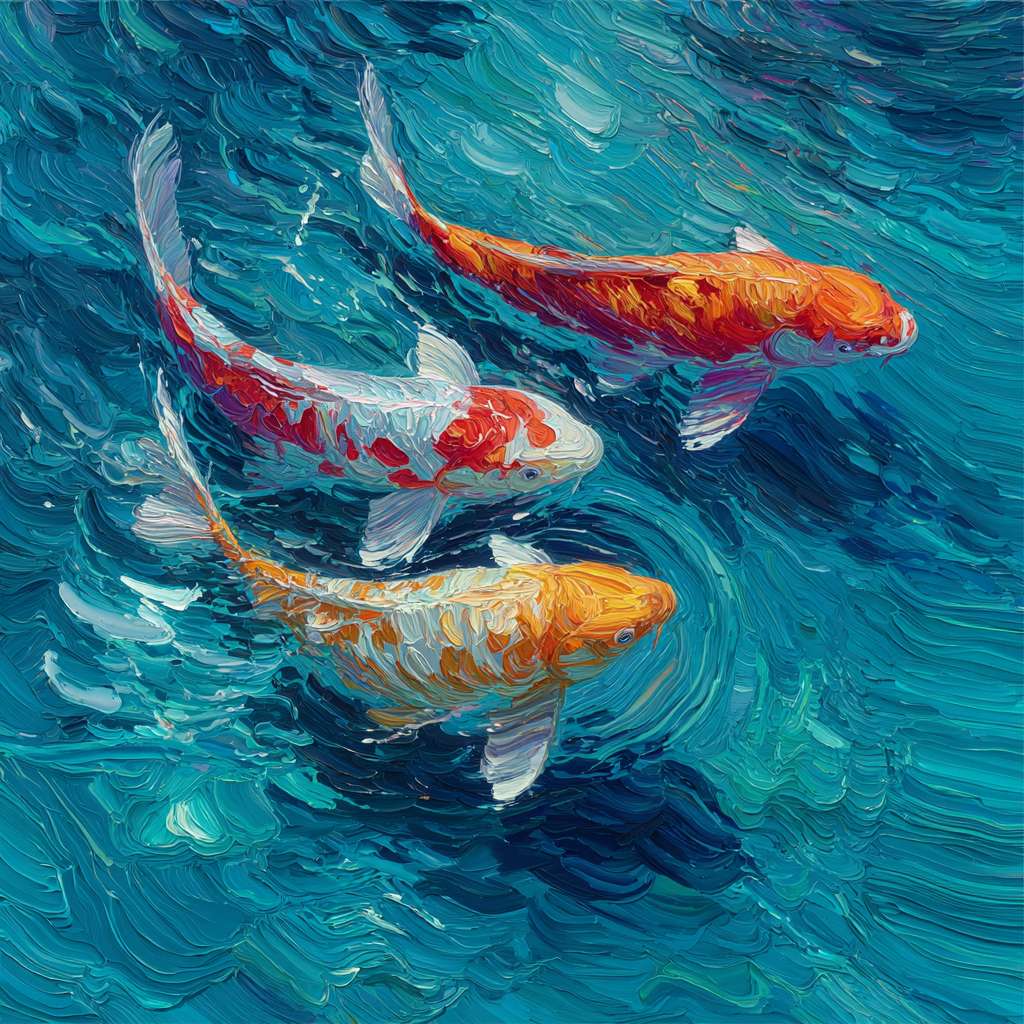 Surreal koi swimming in blue water with light ripples, thick brushwork for waves, thin strokes for iridescence, oil. --ar 1:1 --v 7 --stylize 100 --fast