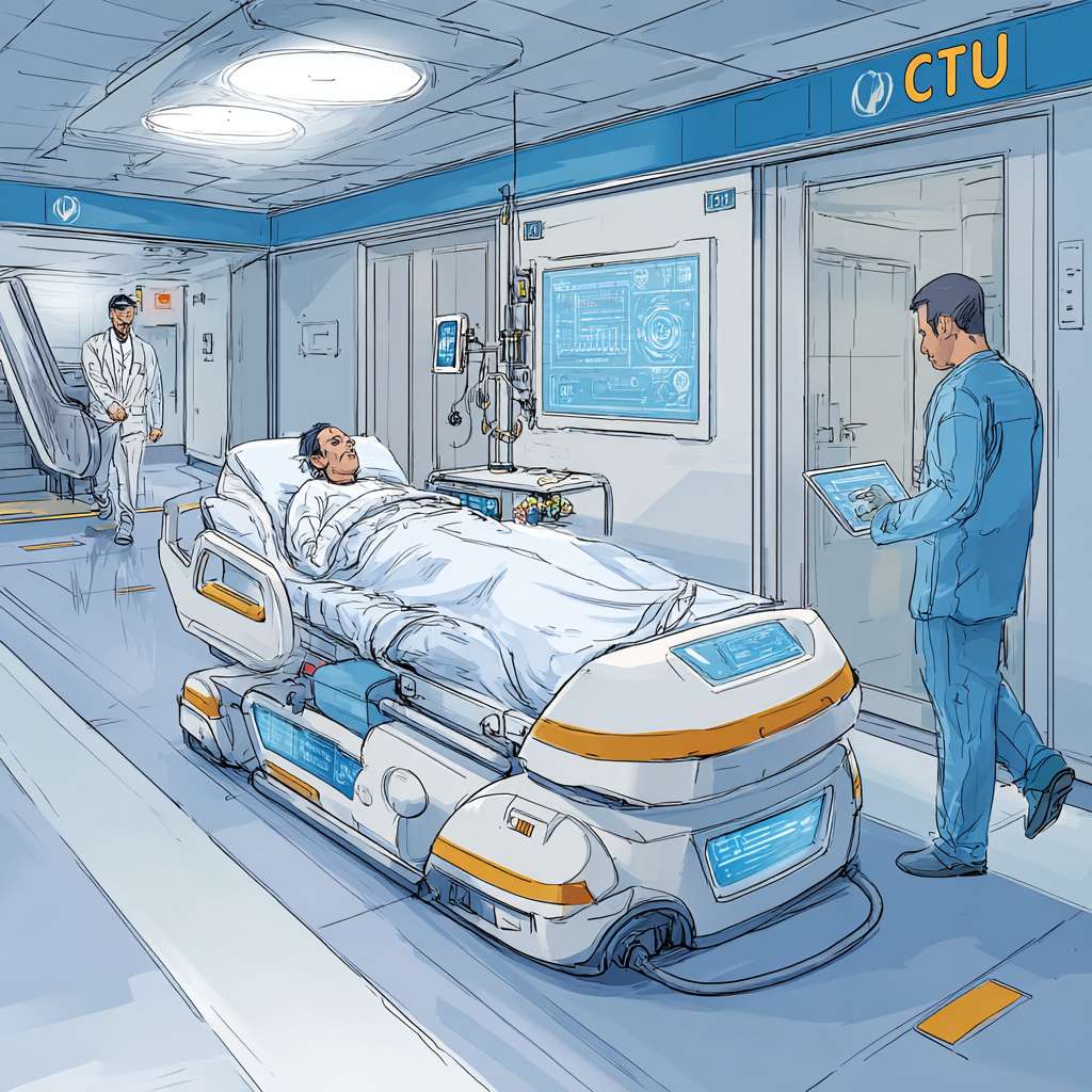 现代医院ICU走廊场景，科技感，浅蓝色调，整洁明亮。一名重症患者躺在智能移动床上，床体配备激光雷达和传感器，正在自动导航。床位配有平板显示频显示患者生命体征和路径规划图，一名护士手持平板电脑远程监控。移动床正在避开一名路过的医生。背景有电梯和指示牌，显示“CT室”。风格写实，细节精致，光线柔和，有医疗科技感。 --ar 1:1 --v 7 --stylize 100 --fast --no 水印