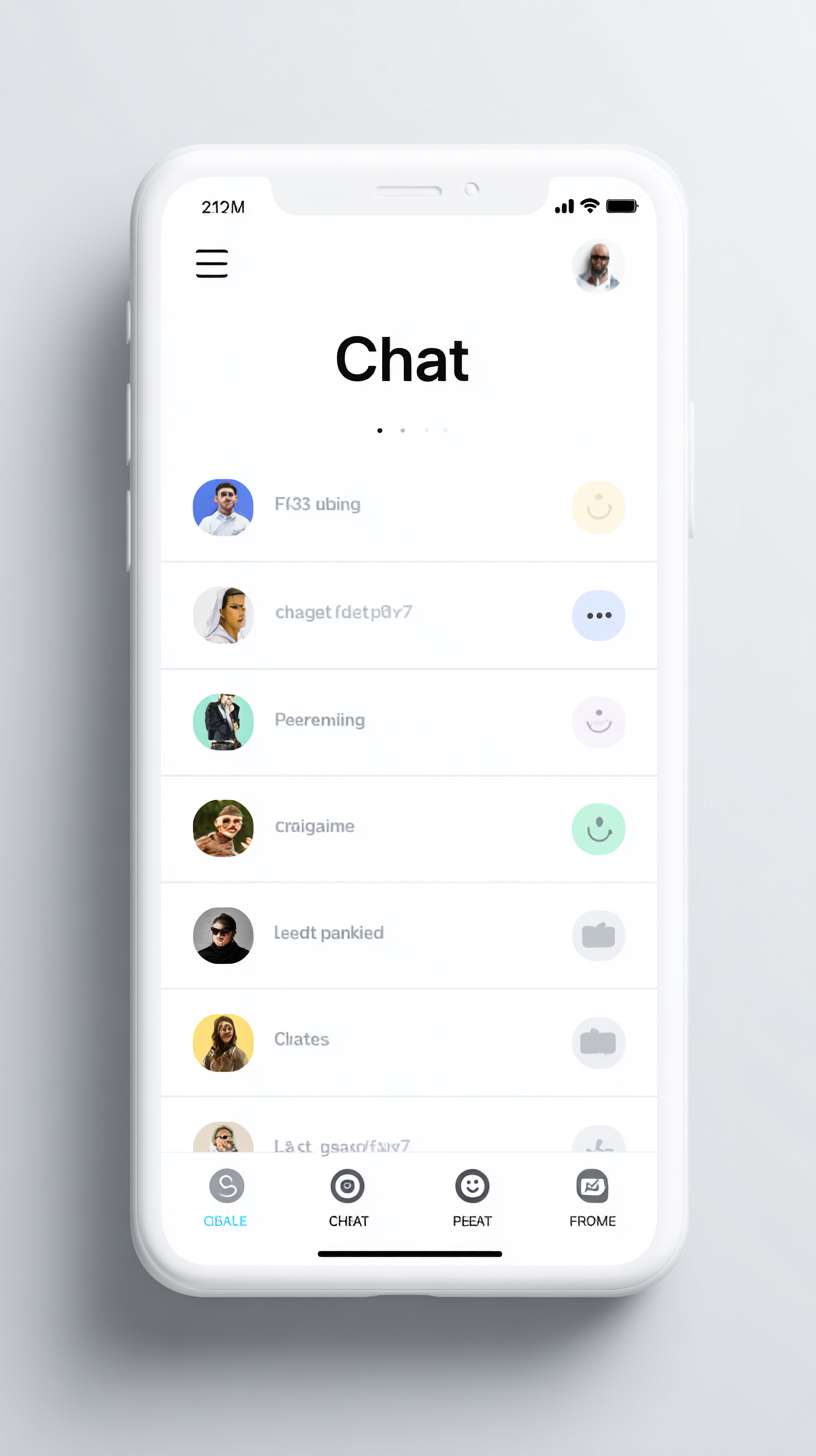 Mobile app chat list homepage, minimalist flat style, white top navigation bar (56px height), left small app icon, center "Chat" title (18px black bold), right "+" button (24px black), middle scrollable chat list (light gray #F5F5F5 background), single chat item (white background, 72px height, left circular avatar (48px), right nickname (16px black) + latest message (14px gray, single-line ellipsis)), bottom tab bar (white background, 3 tabs: Chat (blue active icon), Friends (gray icon), Profile (gray icon)), main color #2196F3, clear hierarchy --ar 9:16 --v 7 --stylize 100 --fast