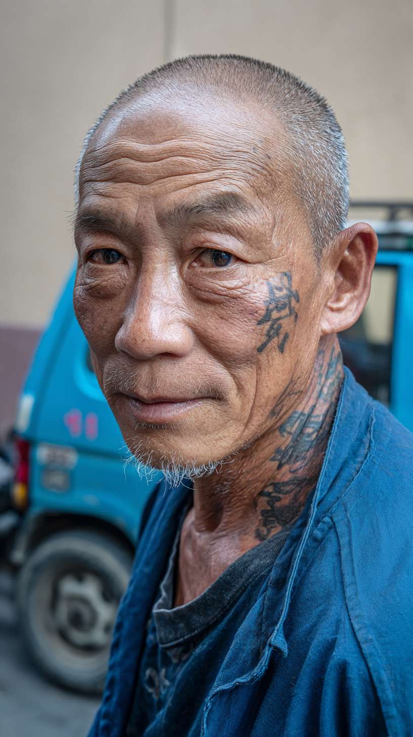 35 岁，男，外卖员，肤色黝黑，短发带白茬，眼角有细纹，偏瘦，手背有细小划伤，蓝色外卖服 --ar 9:16 --v 7 --stylize 100 --fast --no 水印
