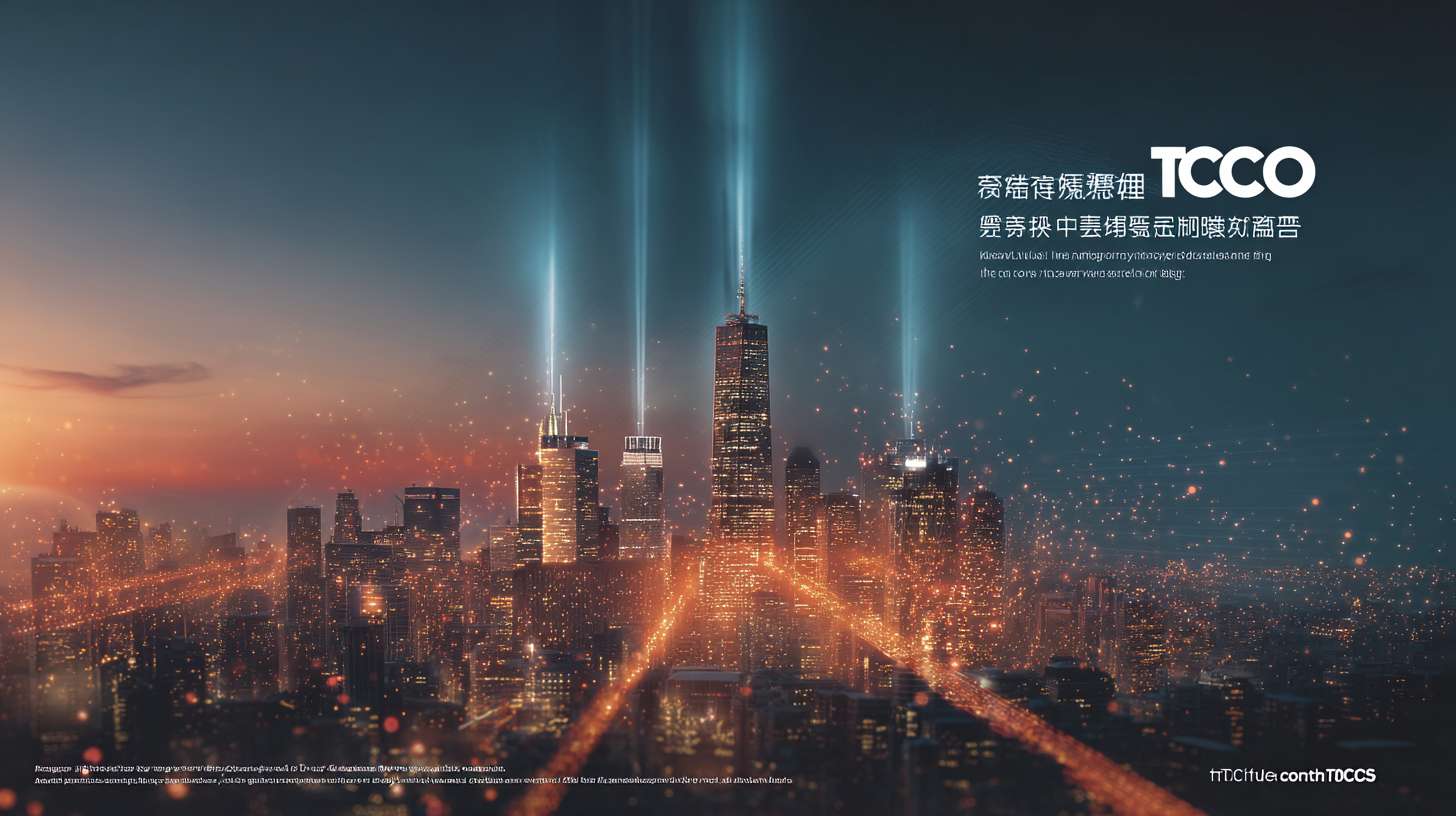 "Render a futuristic city skyline at dusk, with beams of light connecting skyscrapers. Overlay text: '全平台·一站省心·更优TCO' in a sleek metallic font. Add lens flares and particle effects resembling data particles flowing into the sky." --ar 16:9 --v 7 --stylize 100 --fast --no 水印