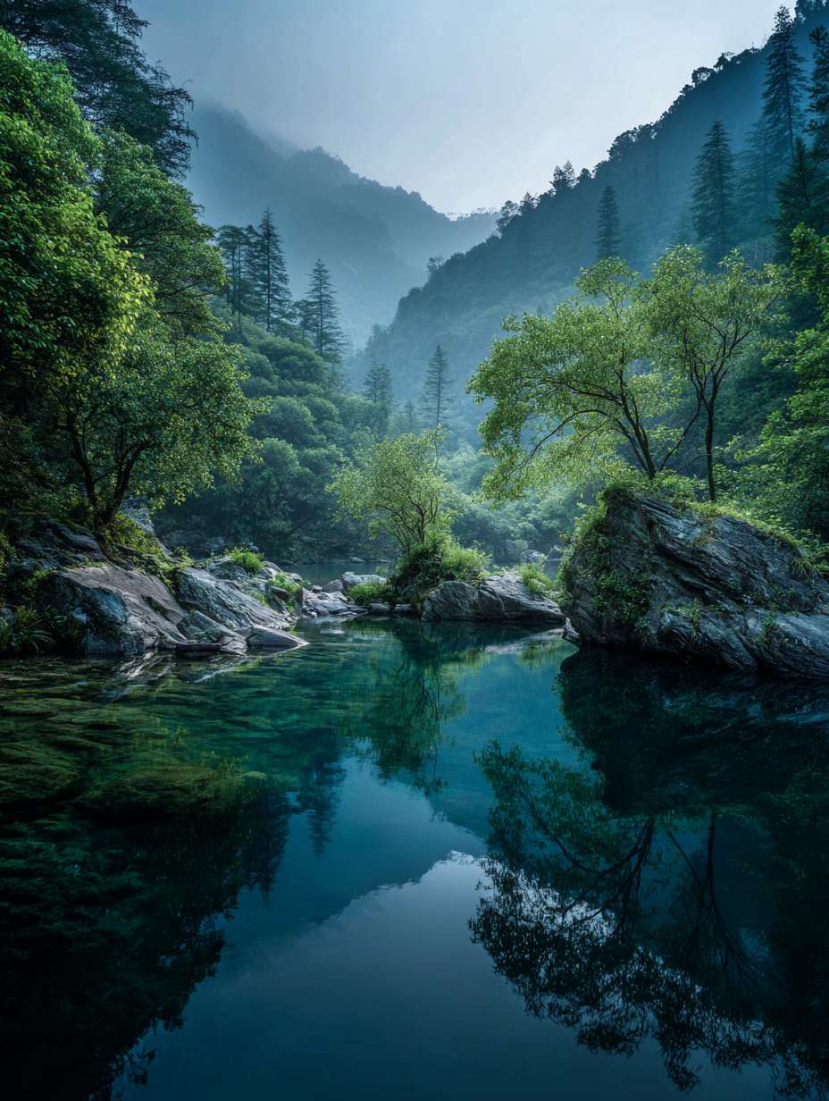 选择一张具有宁静感的自然风景图，如清晨的湖面、绿意盎然的森林，或者是一个安静的夜晚，月光洒在大地上的场景。这能体现中医哲学与自然节律的结合，给人放松和舒适的感觉。 --ar 3:4 --v 7 --stylize 100 --fast --no 水印