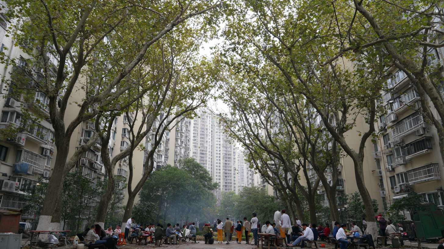 小区内的绿荫、市民在树下休憩。 --ar 16:9 --v 7 --stylize 100 --fast --no 水印