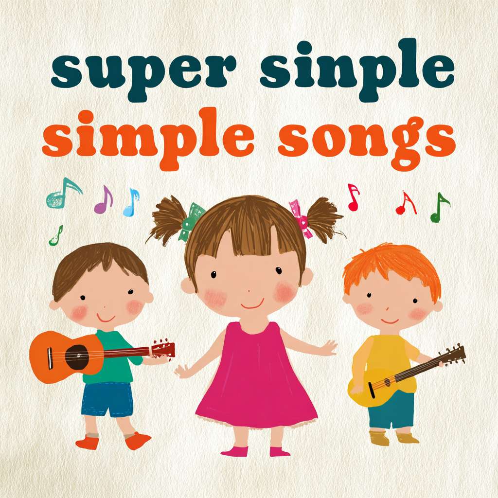 帮我制作一个适合2-12岁的英语启蒙的图片。根据“super simple songs”这首歌生成对应的卡通风格的图片 --ar 1:1 --v 7 --stylize 100 --fast --no 水印