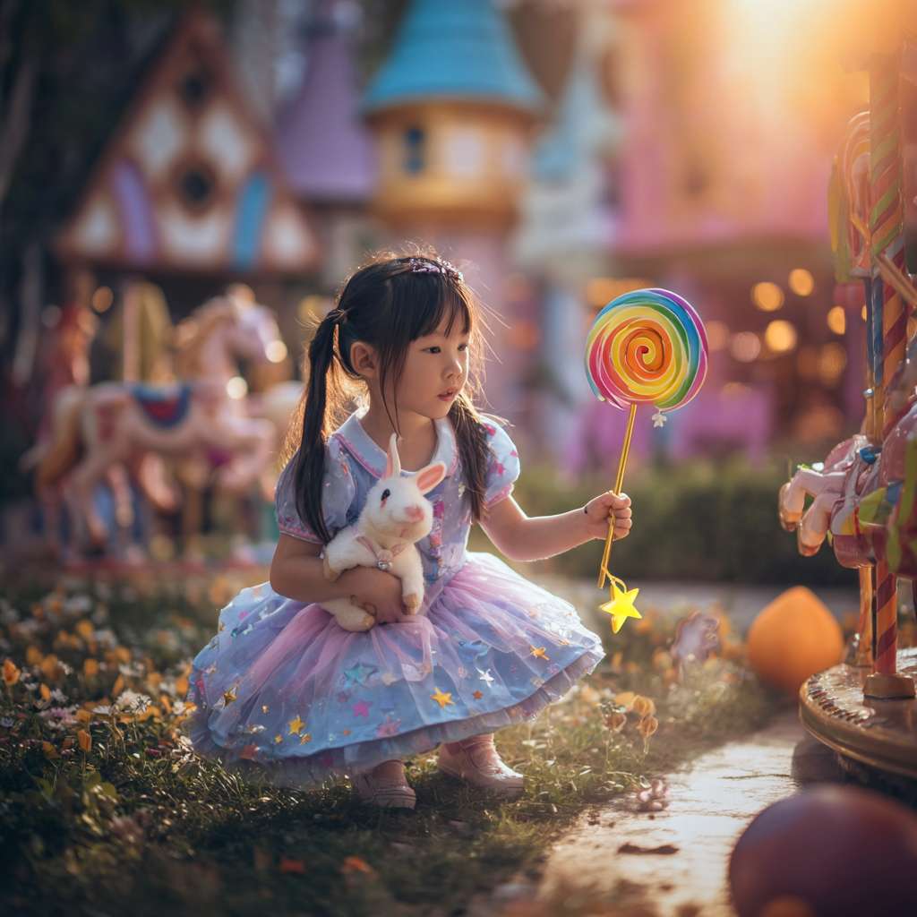 一个中国小女孩穿着魔法公主裙，手持星星魔法棒，站在充满童话色彩的欧洲风格小镇广场，周围有旋转木马和喷水池，彩虹在天空绽放，柔光效果，宫崎骏动画风格，梦幻色彩。小女孩在花丛中给兔子戴花环，阳光透过树叶形成光斑，童话1. 一个小女孩蹲在玩具摊前，手里拿着风车，眼睛亮晶晶的。她穿着星星图案的裙子，扎着两个小辫子，背景是游乐场和糖果店。
2. 夕阳下的游乐场披着金色光芒，扎着双马尾的小女孩蹲在五彩斑斓的玩具摊前。她举着旋转的彩虹风车，圆溜溜的眼睛像星星般发亮。蓬蓬的星星裙摆铺在草地上，身边散落着亮晶晶的弹力球和彩虹蜡笔。远处冰淇淋车飘来粉色的云朵，她的嘴角还沾着草莓酱。
3. 暖金色的夕阳光晕里，小女孩像发现宝藏般蹲在梦幻的玩具摊前。七彩风车在她手中欢快旋转，映得琥珀色的眼眸比星星还亮。缀着铃铛的星星裙摆像花瓣铺开，散落在身边的彩虹蜡笔正在草地上画出细碎的光斑。她微微张着嘴看向镜头，脸颊沾着草莓酱的痕迹，身后漂浮着棉花糖云朵和闪着微光的泡泡。玩具摊老板的影子在夕阳下拉长成童话里魔法爷爷的模样，整个画面仿佛下一秒就会响起八音盒的叮咚声。
4.漂浮的泡泡映出整个游乐园的倒影，棉花糖云朵拖着糖丝飘向湛蓝的天空。玩具摊的玻璃罐里装着会发光的星星糖，木质货架上垂下的彩带在微风里轻摇。 --ar 1:1 --v 7 --stylize 100 --fast --no 水印