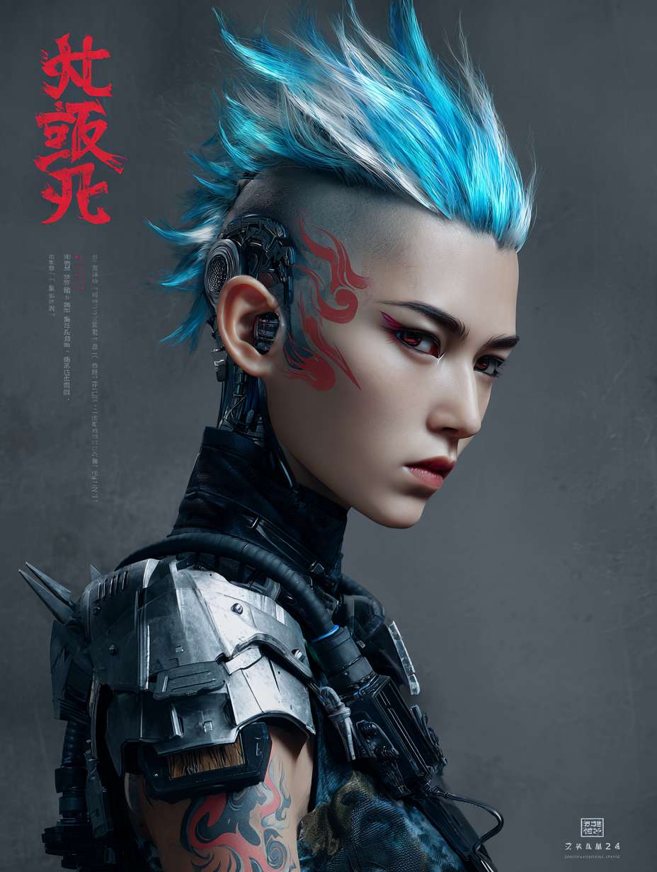 绘制一个男生要求如下头部设计：保留哪吒标志性的 “火焰感” 发型，黑色短发中挑染三缕明亮的蓝色火焰发丝，额前发丝微微上翘，模拟火焰飘动形态。左侧太阳穴处有一道银色机械接口，平时隐藏在发丝下，战斗时会弹出蓝色能量纹路，延伸至下颌。面部妆容简洁，仅在眼尾处用红色颜料绘制细小火焰图腾，眼神锐利，瞳孔在情绪激动时会泛出淡蓝色微光。
    上身设计：内搭黑色紧身速干衣，衣料上印有暗纹火焰图案。外覆银色分段式机械战甲，肩部装甲呈三角形，边缘有锯齿状设计（兼具防御与近战功能），装甲表面刻有红色古代符文（对应哪吒的 “混天绫” 元素。胸口是圆形能量核心，外层包裹透明合金罩，内部蓝色火焰状能量随呼吸起伏，核心下方印有 “云祥” 二字。双臂为可变形机械臂，，战斗时展开为银色机械结构，手掌心有凹槽，可凝聚火焰能量。
    下身设计：穿着黑色工装裤，裤腿侧边有拉链口袋，膝盖处装有黑色防撞护膝，护膝表面有蓝色电路纹路。腰部系着宽版黑色皮带，左侧挂着父亲遗留的摩托钥匙（金属材质，钥匙链是小型火焰吊坠），右侧挂着战术匕首（刀柄缠绕红色皮质绳，模拟混天绫质感）。脚部为黑色高帮机械战靴，靴底有防滑纹路，鞋跟处装有小型推进装置，靴筒外侧印有蓝色火焰标识。 --ar 3:4 --v 7 --stylize 100 --fast --no 水印