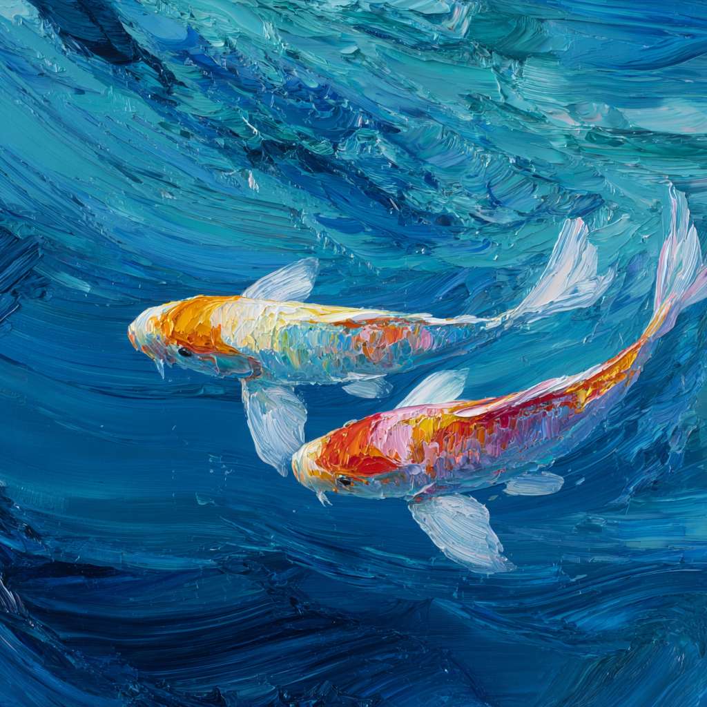 Surreal blue aquarium with koi shimmering in rainbow light, bold strokes for ripples, delicate strokes for fish details, abstract. --ar 1:1 --v 7 --stylize 100 --fast