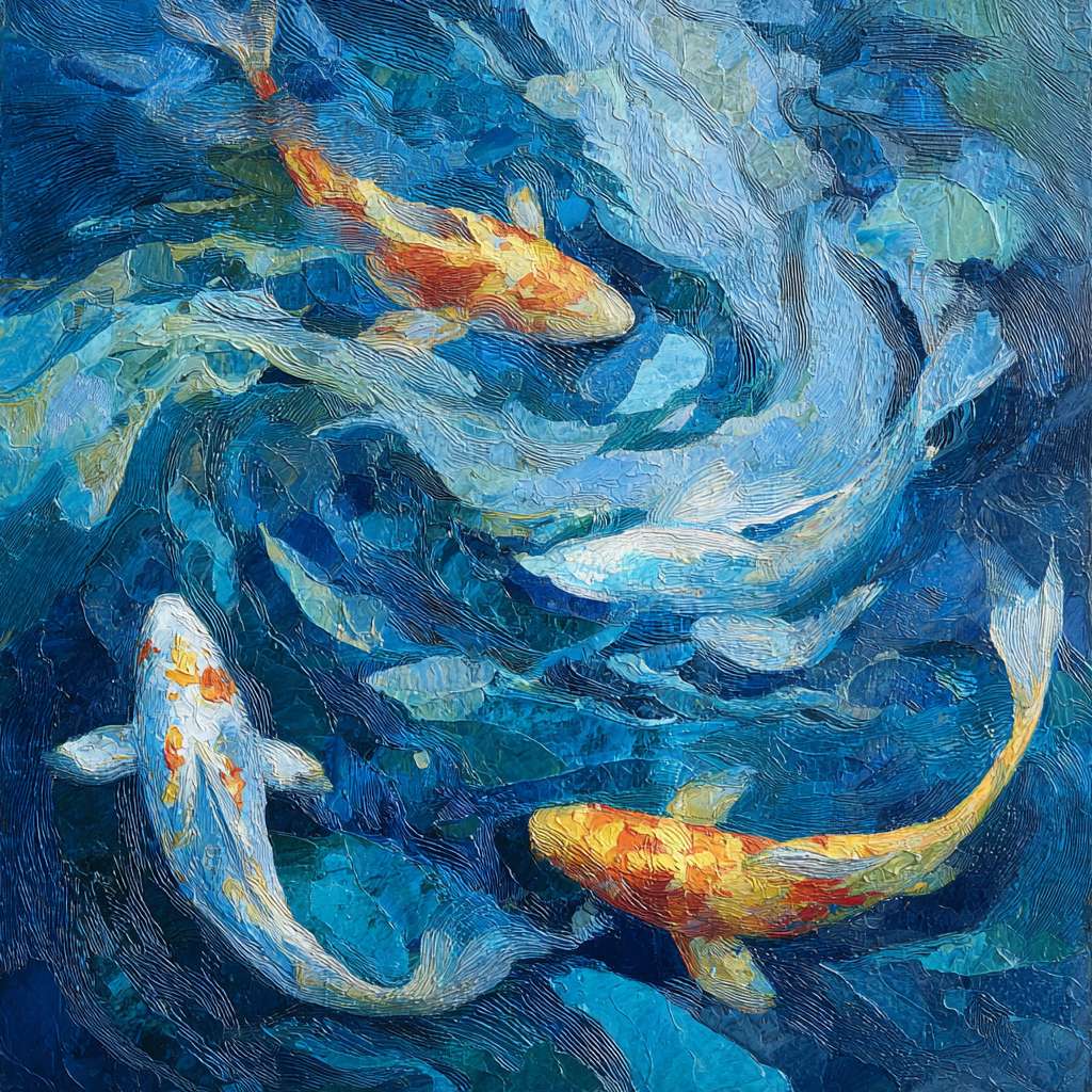 Dynamic blue sea interlaced with 五彩光影 and sinuous koi, brushwork blending abstraction and detail, abstract oil. --ar 1:1 --v 7 --stylize 100 --fast --no 水印