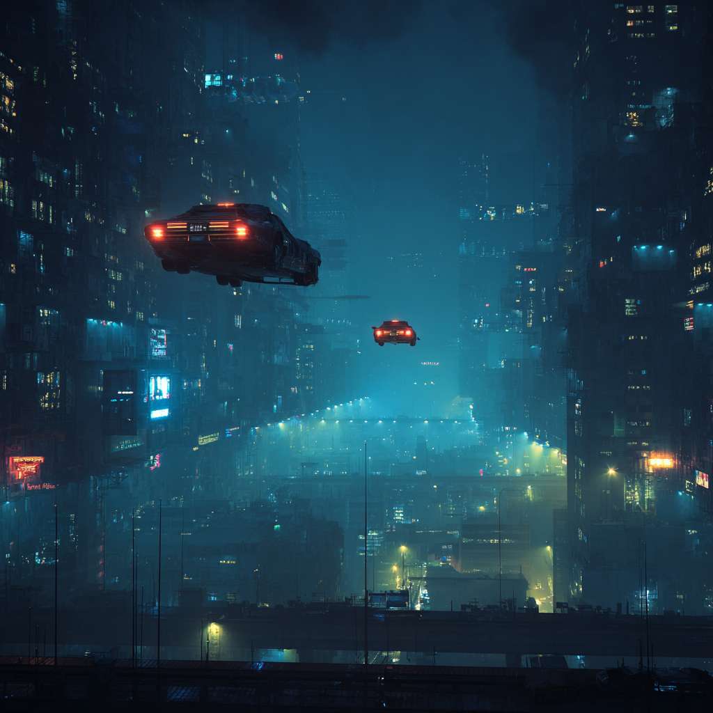 生成一张赛博朋克的城市夜景，空中有悬浮汽车，画面有立体感 --ar 1:1 --v 7 --stylize 100 --fast --no 水印