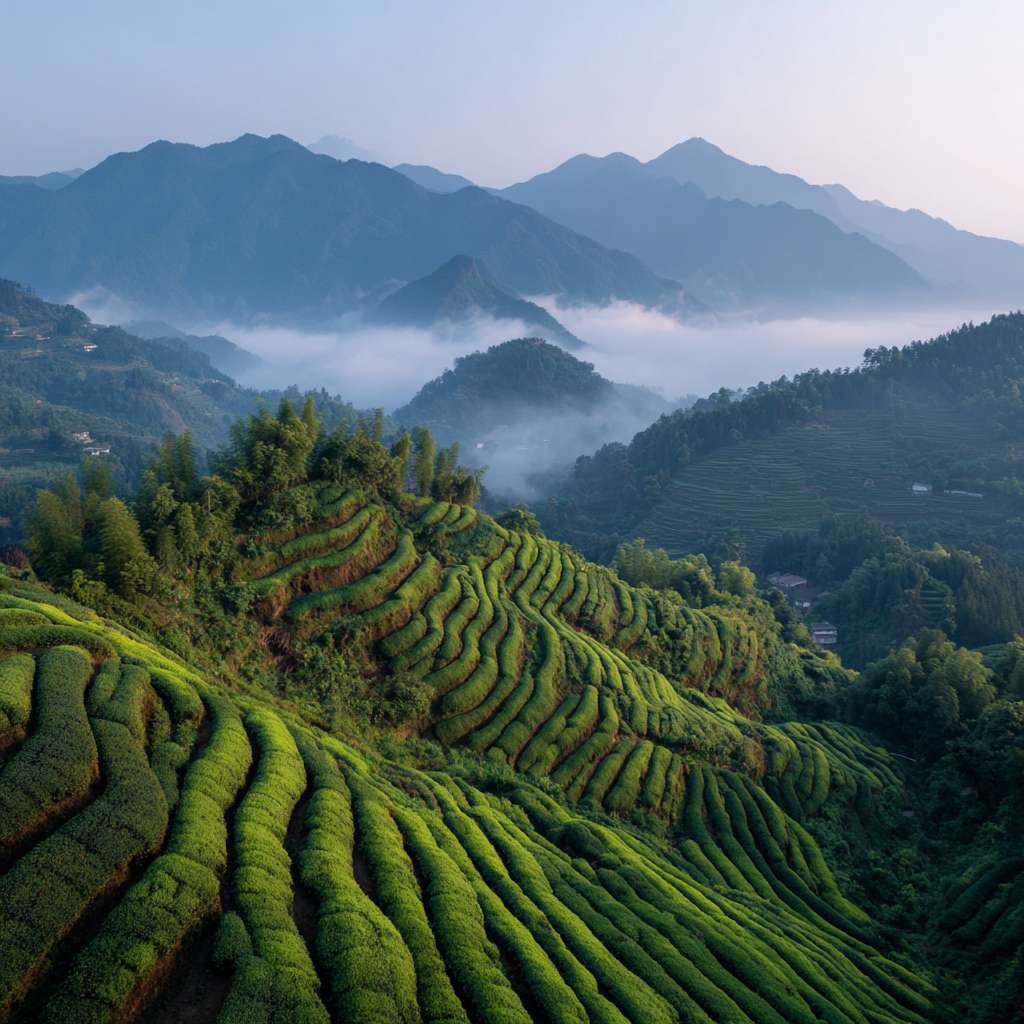 连绵起伏、云雾缭绕的杭州西湖群山，梯田式的翠绿茶园，如碧波荡漾。 --ar 1:1 --v 7 --stylize 100 --fast --no 水印