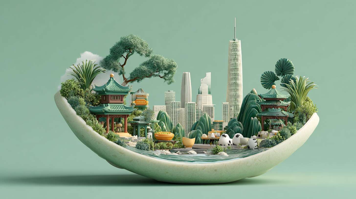 一个月饼创意微缩场景,月饼平放,侧面对着观众,月饼俯视角度,月饼内部展示成都城市真实的特色元素的立体微缩模型,有武侯祠、杜甫草堂等古建,也有成都双子塔等现代建筑,加入熊猫雕塑、茶馆桌椅、竹椅、盖碗茶等元素,还有潺潺流水和绿植营造闲适氛围,整体色调清新浪漫。背景为淡绿纯色。整体风格 3D 渲染,具有梦幻感,使用 C4D 制作,材质上注重光泽感,打光营造出柔和氛围,超详细,高清,HDR,电影构图,强调梦幻和未来感的美学,真实的纹理和光线增强了城市景观的真实性 --ar 16:9 --v 7 --stylize 100 --fast --no 水印