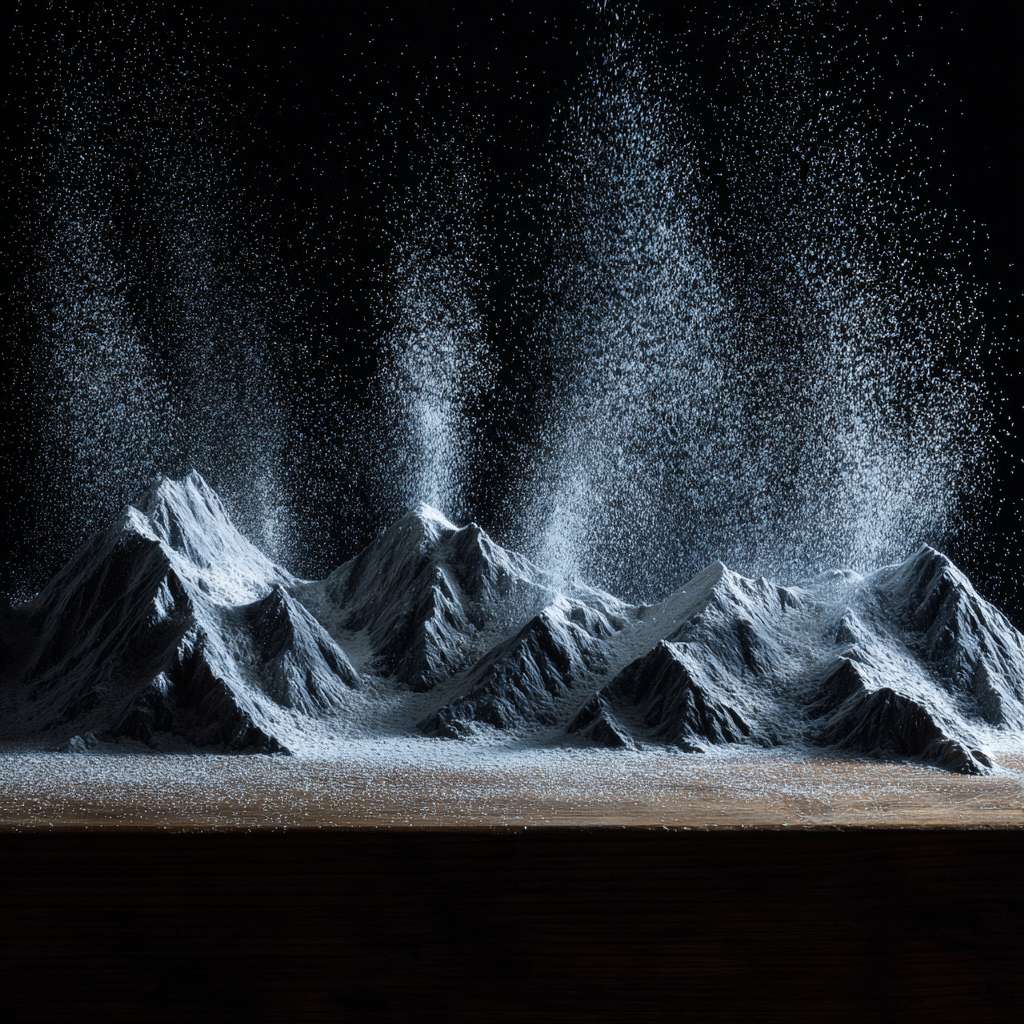 Realistic macro photography,high-speed shutter capture,delicate white powder particles slowly falling from a height,forming continuous mountain ranges on the table., --ar 1:1 --v 7 --stylize 100 --fast