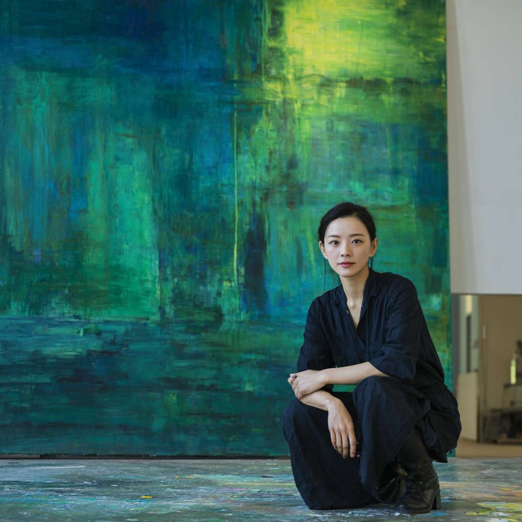 高级美学，要求画面中必须要有一个明亮且大面积的墨绿色主体，可以是是人也可以是物，构图大胆 --ar 1:1 --v 7 --stylize 100 --fast --no 水印