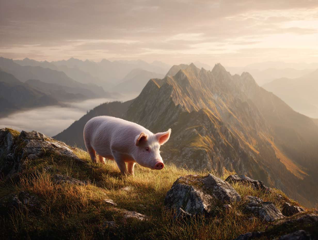 Photorealistic cinematic image，A pale pink pig on the grass next to the mountaintop, with a rocky mountain range behind it, and fog connecting the mountain range, full of warm colors and ultra high definition real materials， highly detailed photo. --ar 4:3 --v 7 --style raw --stylize 100 --fast