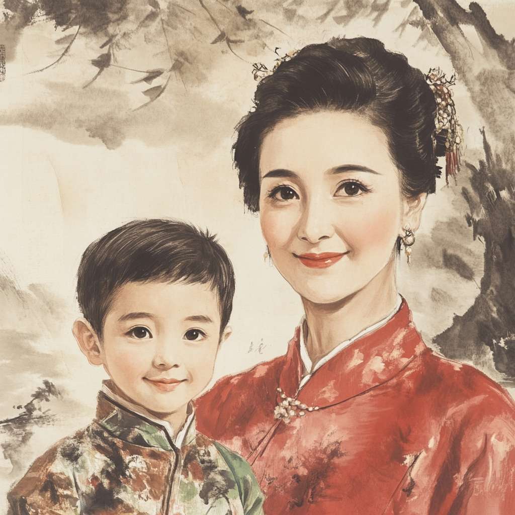 生成一张母亲和儿子的图片，母亲年纪在50岁左右，儿子年纪在30岁左右，中国母子 --ar 1:1 --v 6.1 --stylize 100 --fast