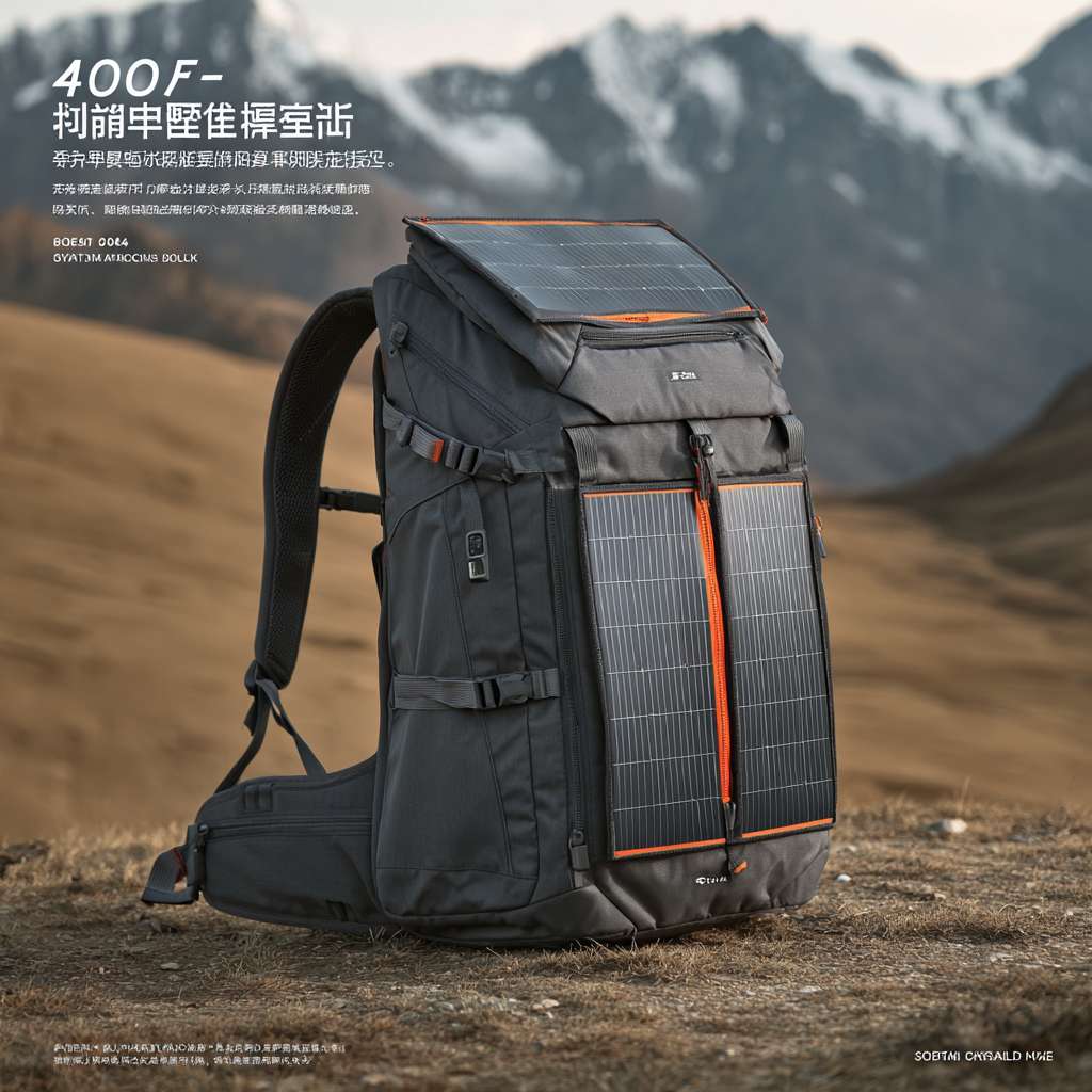 参考知识
个性指令
深度思考
304/5000

A fashionable and modern foldable solar backpack designed specifically for hiking, with a 45 degree viewing angle, solar panels unfolded like wings, black monocrystalline panels, rubber edges, dark gray backpack with orange zipper, USB-C interface on the top, outdoor mountain background, natural light, rich details, and product photography 
“一款时尚、现代的可折叠太阳能背包，专为徒步旅行设计，45度视角，太阳能板展开如翼，黑色单晶板，橡胶边缘，深灰色背包配橙色拉链，顶部配有USB-C接口，户外山景背景，自然光线，细节丰富，产品摄影风格” --ar 1:1 --v 7 --stylize 100 --fast --no 水印