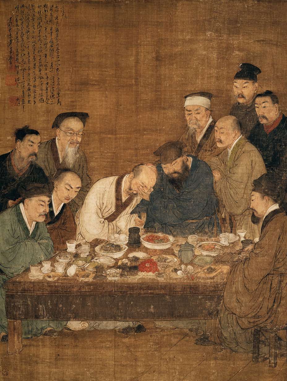 宋代餐馆内客人食物中毒场景，客人痛苦表情，郎中正在诊脉，餐桌上有变质食物，餐馆老板焦急赔礼，中国传统医馆环境，淡褐色调 --ar 3:4 --v 7 --stylize 100 --fast --no 水印