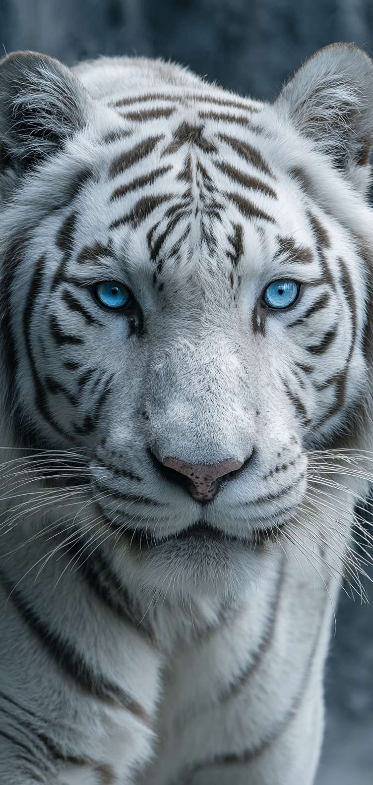 白色猛虎，眼睛和周身着浅蓝色火焰，摄影质感，对称构图 --ar 9:19 --v 7 --stylize 100 --fast --no 水印,水印