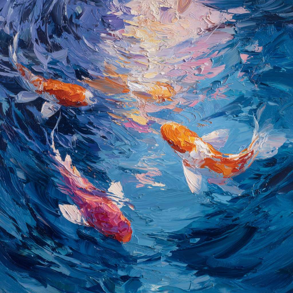 Dreamlike blue water with rippling light in rainbow tones, koi fish gliding with sinuous grace, expressive strokes capturing motion and light, abstract. --ar 1:1 --v 7 --stylize 100 --fast