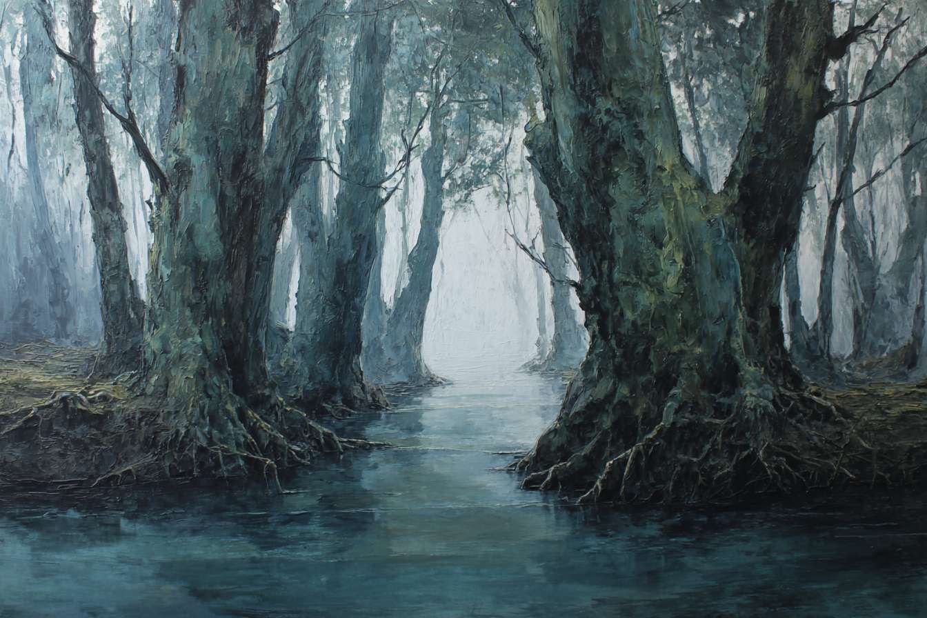 Surreal 森影幽潭: dark green canopies in rough brushstrokes, gray-blue water pooling between gnarled roots; faint light filters through, reflecting fractured tree forms, oil in moody tones. --ar 3:2 --v 7 --stylize 100 --fast --no 水印