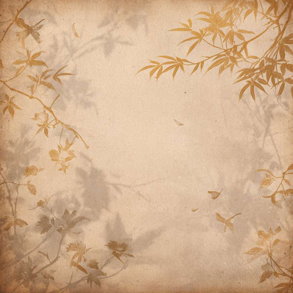 Ancient Chinese paper texture background, subtle bamboo forest shadow in low opacity, golden sunlight through leaves, scattered traditional herbal medicine illustrations (chrysanthemum/gingko), barely visible cloud dragon pattern from Song Dynasty ceramics, warm ivory base with taupe accents, harmonious empty space --ar 1:1 --v 7 --stylize 100 --fast
