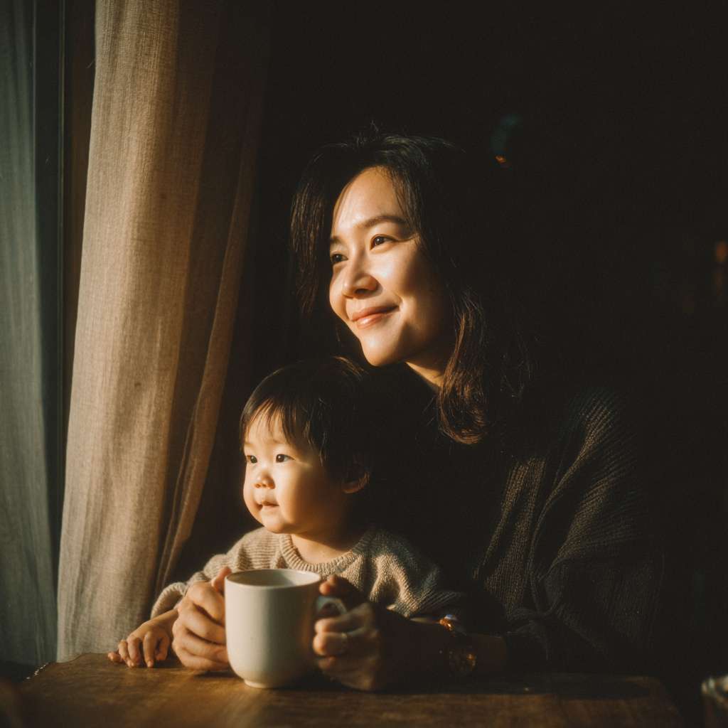 温暖柔光的室内清晨，一位 28 岁左右的亚洲女性，侧脸坐在餐桌旁，左手轻抚一只白色马克杯，右手自然搭在身旁的婴儿椅背上，窗外淡金色阳光透过纱帘落在她肩头，形成一圈柔晕；她嘴角带着浅笑，眼神却隐约望向窗外，仿佛在等待或思索；整体色调奶油+暖白，胶片质感，浅景深，f1.8，35 mm，Sony A7III，cinematic, cozy, subtle melancholy, ultra-sharp focus on eyes --ar 1:1 --v 7 --stylize 100 --fast --no 水印