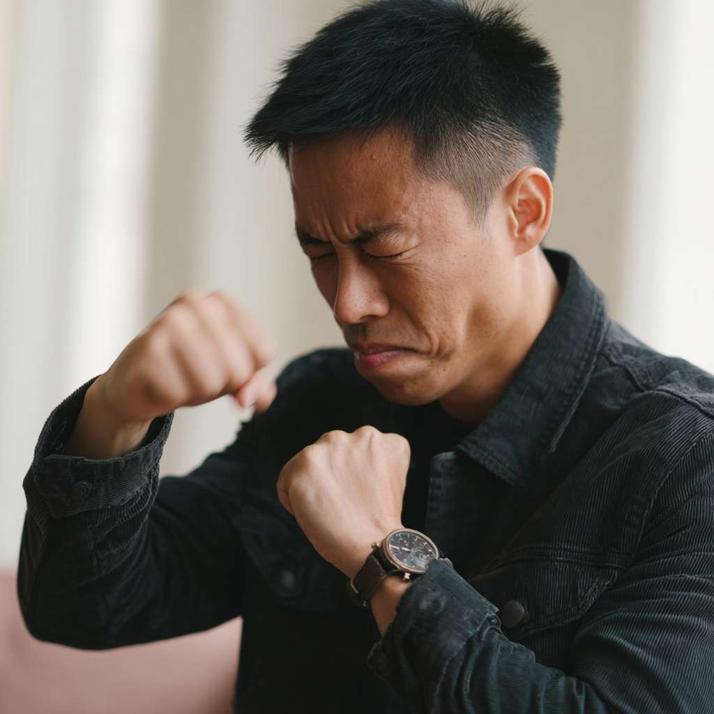 A motion picture of an Asian person slapping their cubital fossa --ar 1:1 --v 7 --stylize 100 --fast