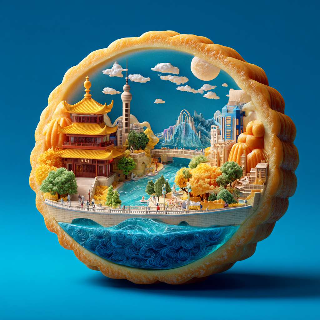 一个月饼创意微缩场景，月饼平放，侧面对着观众，月饼俯视角度，月饼内部展示武汉城市真实的特色元素的立体微缩模型，有黄鹤楼、晴川阁等古建，也有雄伟壮观的长江大桥横跨江面、东湖绿道‌等现代建筑，营造繁华都市氛围，整体色调清新浪漫。背景为深蓝纯色。整体风格 3D 渲染，具有梦幻感，使用 C4D 制作，材质上注重光泽感，打光营造出柔和氛围，超详细，高清，HDR，电影构图，强调梦幻和未来感的美学，真实的纹理和光线增强了城市景观的真实性 --ar 1:1 --v 7 --stylize 100 --fast --no 水印