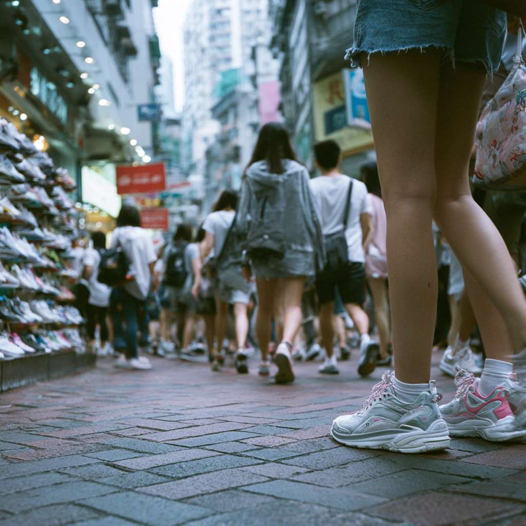 帮我生成女鞋的商业图片 场景在喧闹的都市 人流量大 聚焦点在模特和鞋子上 --ar 1:1 --v 7 --stylize 100 --fast --no 水印
