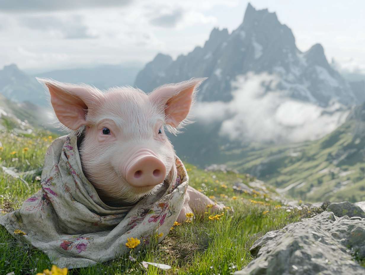 Photorealistic cinematic image，A pale pink pig on the grass next to the mountaintop, facing away from the camera,it also it's a scarf around it head, which is partially covering it face, giving her a mysterious look.Overall, these images convey a sense of desolation and grandeur, possibly telling a story about adventure, and emotional expressions all suggest that this may be a work with a strong narrative and visual impact,with a rocky mountain range behind it, and fog connecting the mountain range, full of warm colors and ultra high definition real materials，Ultra wide view shot， highly detailed photo. --ar 4:3 --v 6.1 --style raw --stylize 100 --fast