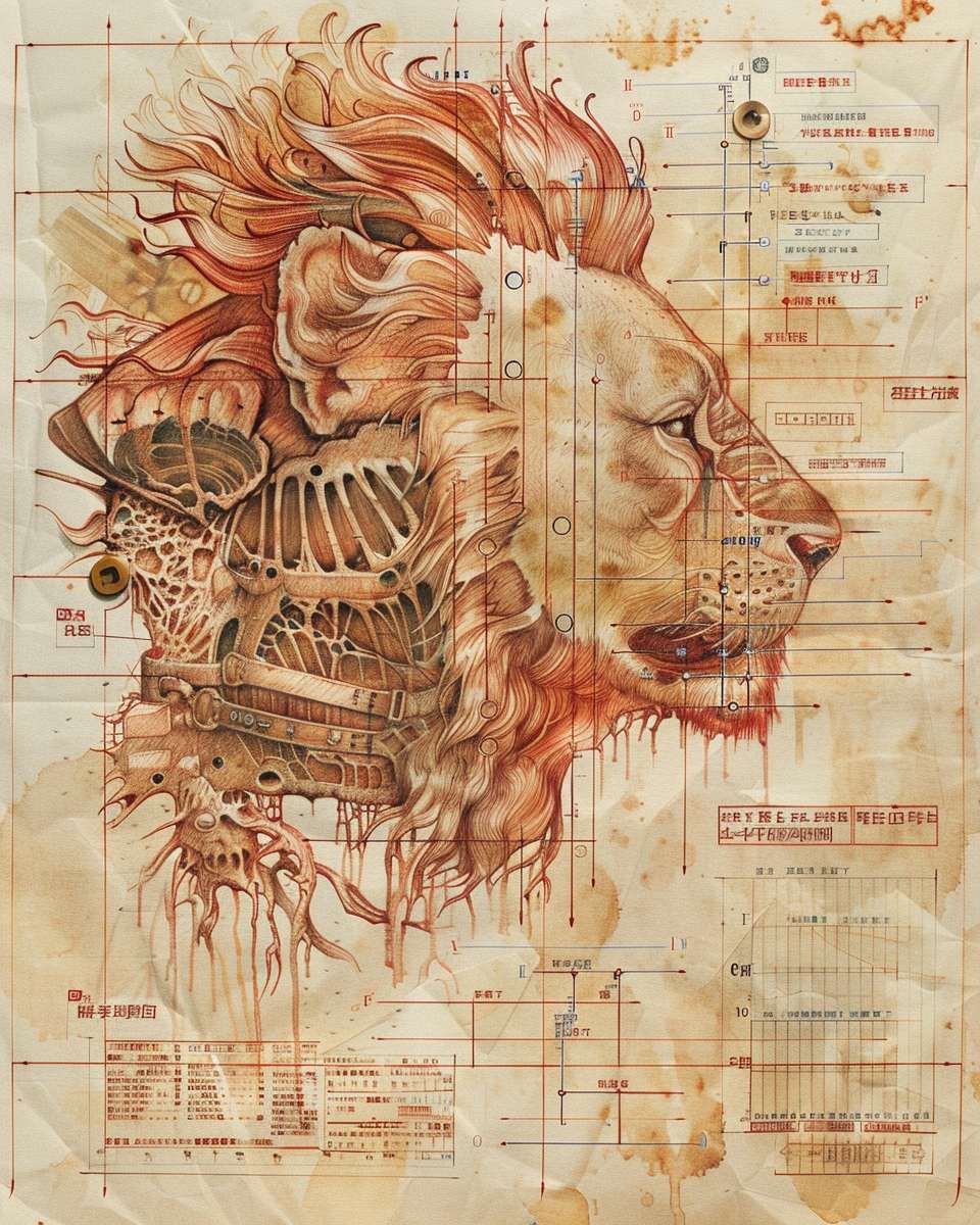 Victorian scientific illustration meets Chinese Shanhaijing, hybrid creature anatomy (coffee dripper lion mane), thermochromic ink activation zones, brass-plated specimen card fasteners, Ming dynasty mineral pigment palette, interactive UV-reactive coffee stain reveals, exploded technical drawing overlays, translucent vellum substrate --ar 4:5 --v 6 --style raw --stylize 100 --fast