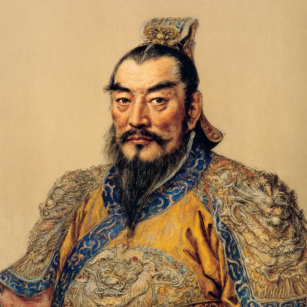 生成曹操全像，东方人的面孔，散装的眉毛,突起的上鼻梁和稍微有点倾斜的额头；身高1米65； --ar 1:1 --v 7 --stylize 100 --fast --no 水印