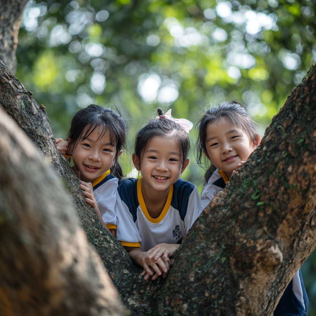 三位大約十至十一歲的小學生圍繞著一棵大樹，雙手輕觸樹幹，開心自然的笑容，感受大自然的氣息。陽光穿過樹葉灑下，光線柔和自然，背景是森林或公園環境，氣氛平靜、溫暖、真實。真實攝影風格，運動服整潔，構圖自然，穿著整齊的運動服，不要戴帽子。 --ar 1:1 --v 7 --stylize 100 --fast --no 水印