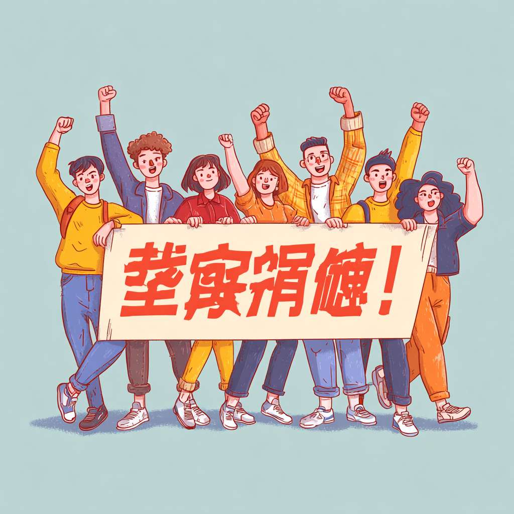 8 diverse people (varying in age, gender, ethnicity, clothing style—e.g., casual sportswear, streetwear) holding a wide rectangular banner with clear Chinese text: "没进八强又怎样?敢打敢拼就是王!", dynamic cheering poses (some raising fists, some leaning forward, natural facial expressions of excitement and enthusiasm), dynamic low-angle shot (to enhance sense of energy), vibrant and saturated colors (bright reds, yellows, blues as main tones, avoiding dullness), cartoon style (rounded character features, smooth line art, soft shading like Japanese anime or Western cartoon), clean simple background (solid light color or gradient, no redundant elements), high detail (clear texture of clothing fabric, wrinkles on the banner, subtle facial expressions, sharp edges of text on the banner), 4K resolution, full-body shot, positive atmosphere --ar 1:1 --v 7 --stylize 100 --fast --no 水印