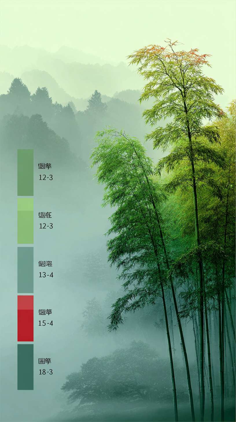 竹林
构图：竖版纵深，前景 3-5 根竹子（完整竹干 + 竹叶），中景竹林密集（简化细节），背景薄雾笼罩核心元素：- 竹干：浓墨垂直线条（底部稍粗、顶部渐细）- 竹叶：“个” 字形淡墨点画（分组排列）- 薄雾：大面积淡墨留白（覆盖中远景）
主色调：青绿色（R120-140, G160-180, B130-150）辅助色：- 竹干阴影：深绿色（R100-120, G140-160, B110-130）- 薄雾：灰白色（R220-230, G220-230, B220-230）统一适配：青绿色饱和度≤40%，与客栈暖色调形成对比但明度统一
1. 竹叶点画笔触与新手村树叶笔触一致2. 薄雾晕染范围与山间小路的云海晕染范围比例一致（占画面 1/4）3. 竹干线条硬度与武馆兵器架线条硬度匹配 --ar 9:16 --v 7 --stylize 100 --fast --no 水印