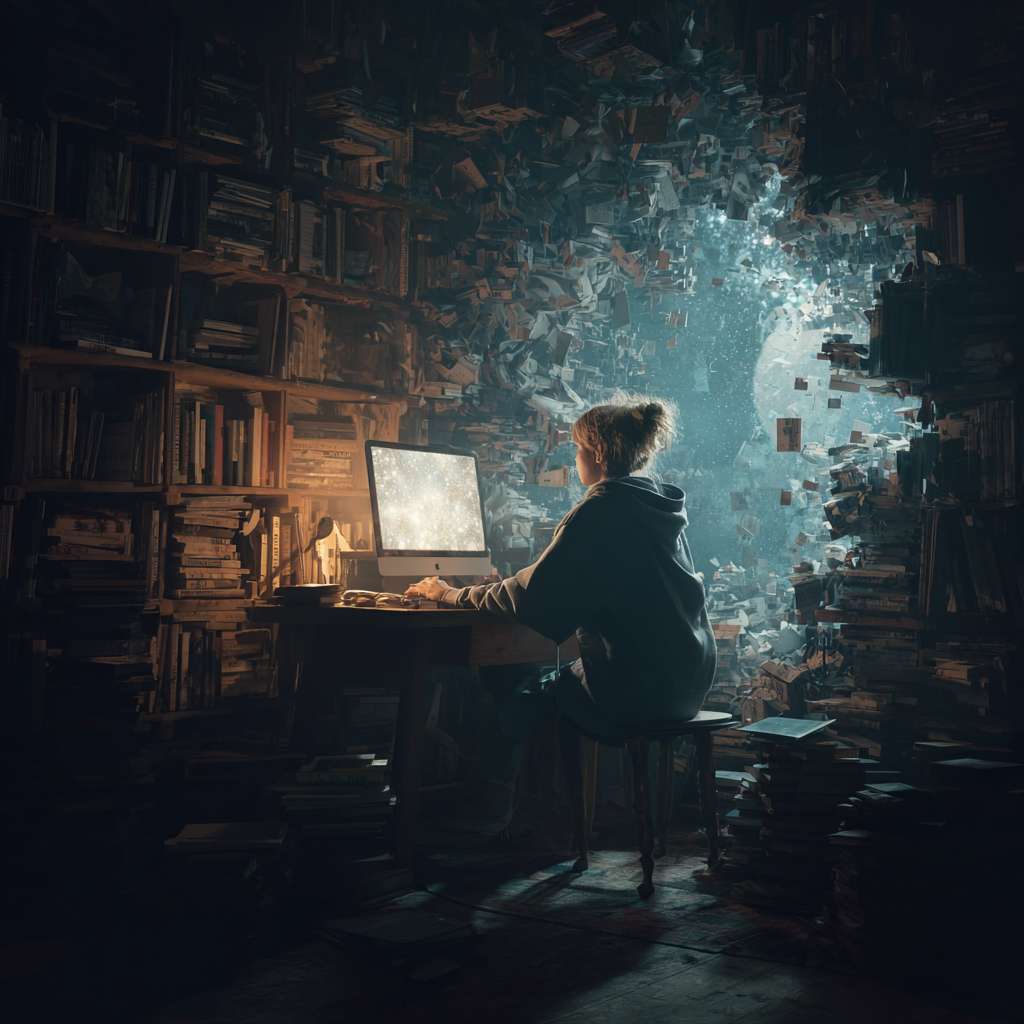 坐在书桌前，用电脑的图片 --ar 1:1 --v 7 --stylize 100 --fast --no 水印