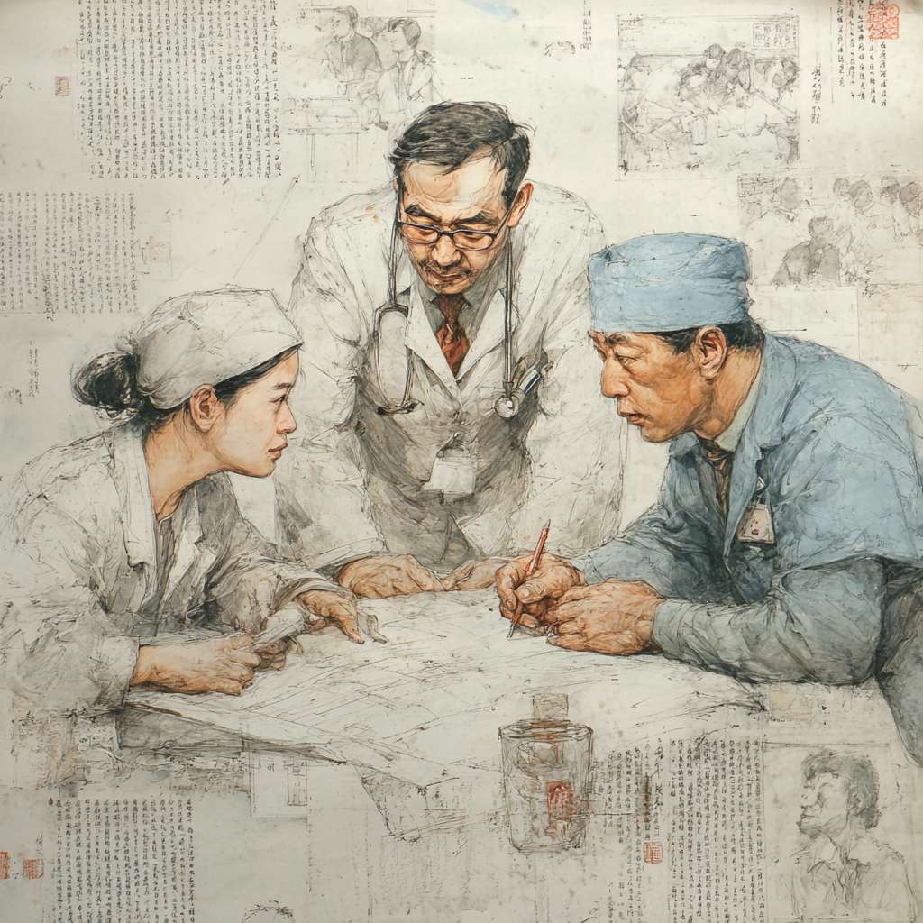 中国医生专家护士讨论 --ar 1:1 --v 7 --stylize 100 --fast --no 水印