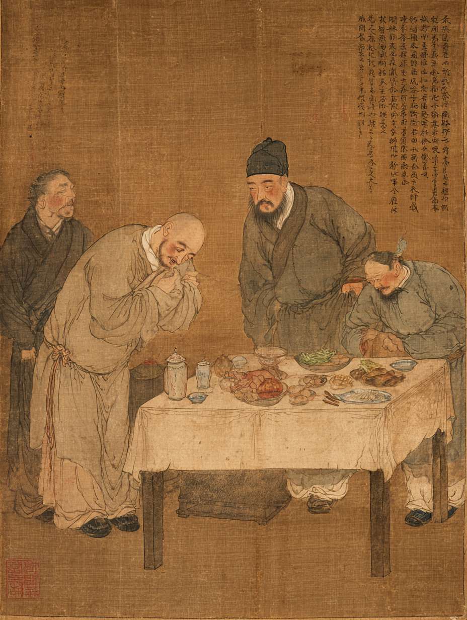 宋代餐馆内客人食物中毒场景，客人痛苦表情，郎中正在诊脉，餐桌上有变质食物，餐馆老板焦急赔礼，中国传统医馆环境，淡褐色调 --ar 3:4 --v 7 --stylize 100 --fast --no 水印