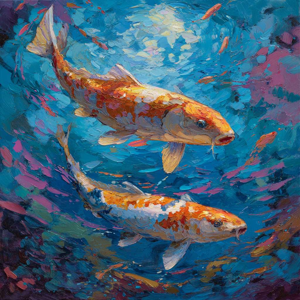 Surreal koi swimming in blue water, with splashes of pink, orange, and purple light; dynamic brushwork—loose for waves, detailed for scales—creating lively ambiance, oil. --ar 1:1 --v 7 --stylize 100 --fast